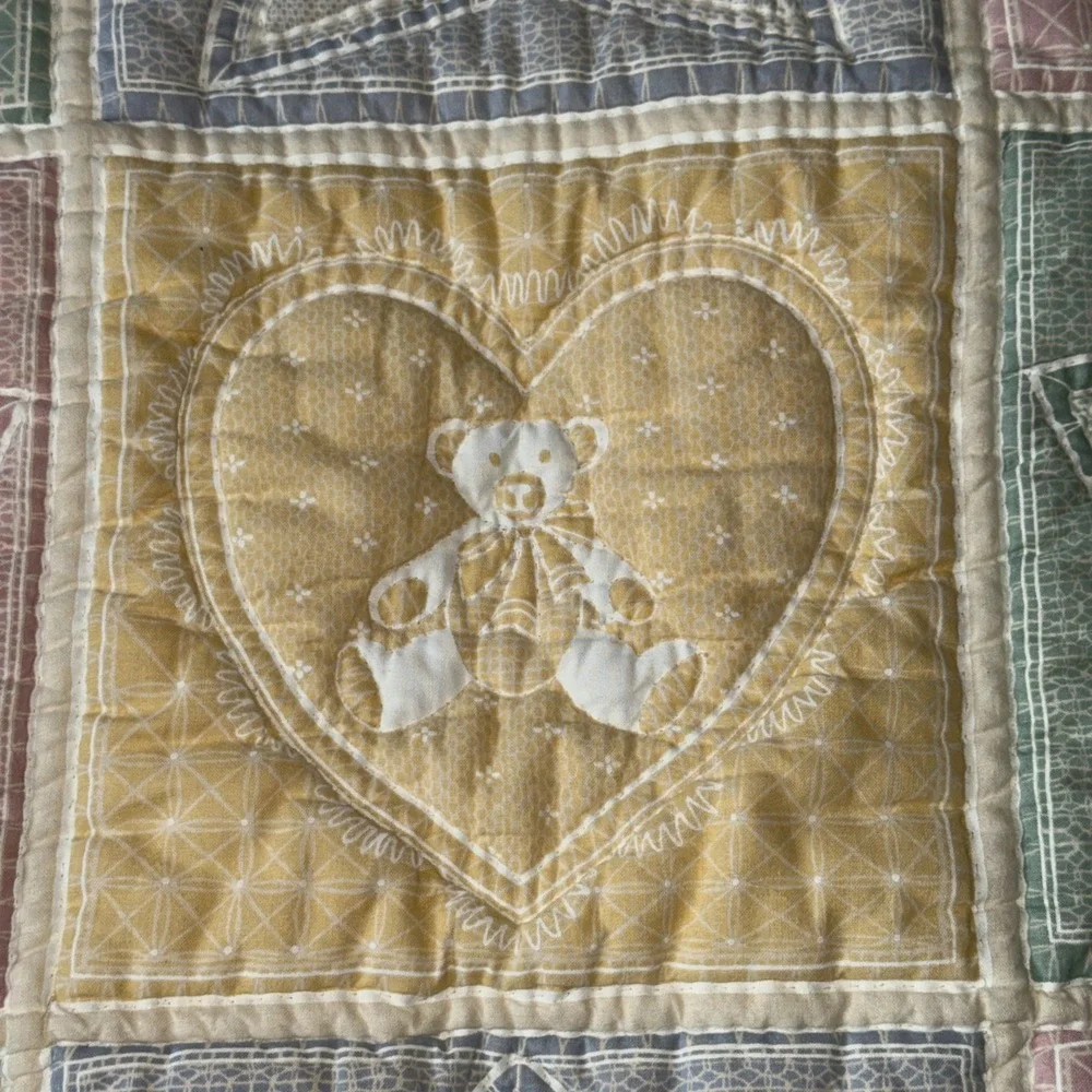 Handmade Teddy Bear Baby Quilt Pastel Crib Blanket Nursery 56x37 Vtg Cottagecore